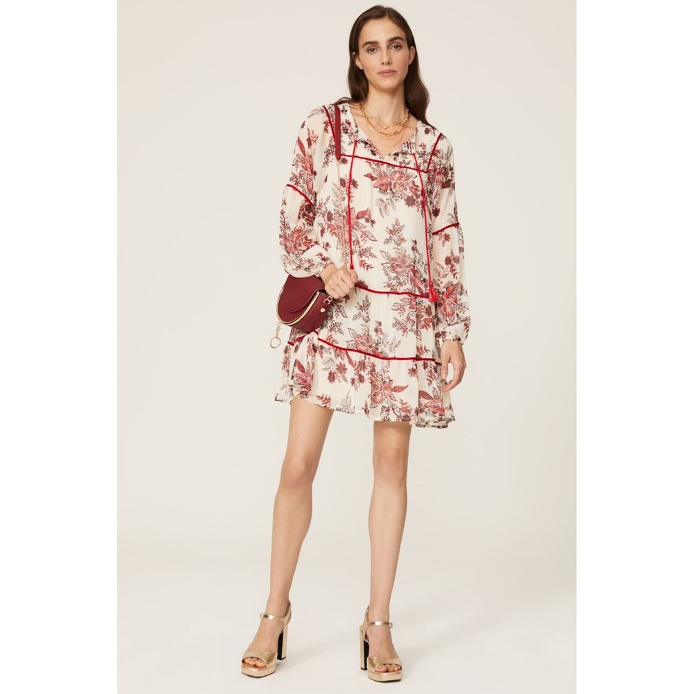 Great Jones Cream Floral Print Long Sleeve Tiered Mini Dress Women's M - Picture 2 of 7